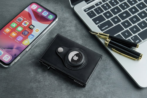 Portefeuille homme slim avec porte-AirTag — Porte-cartes métallique minimaliste anti-RFID