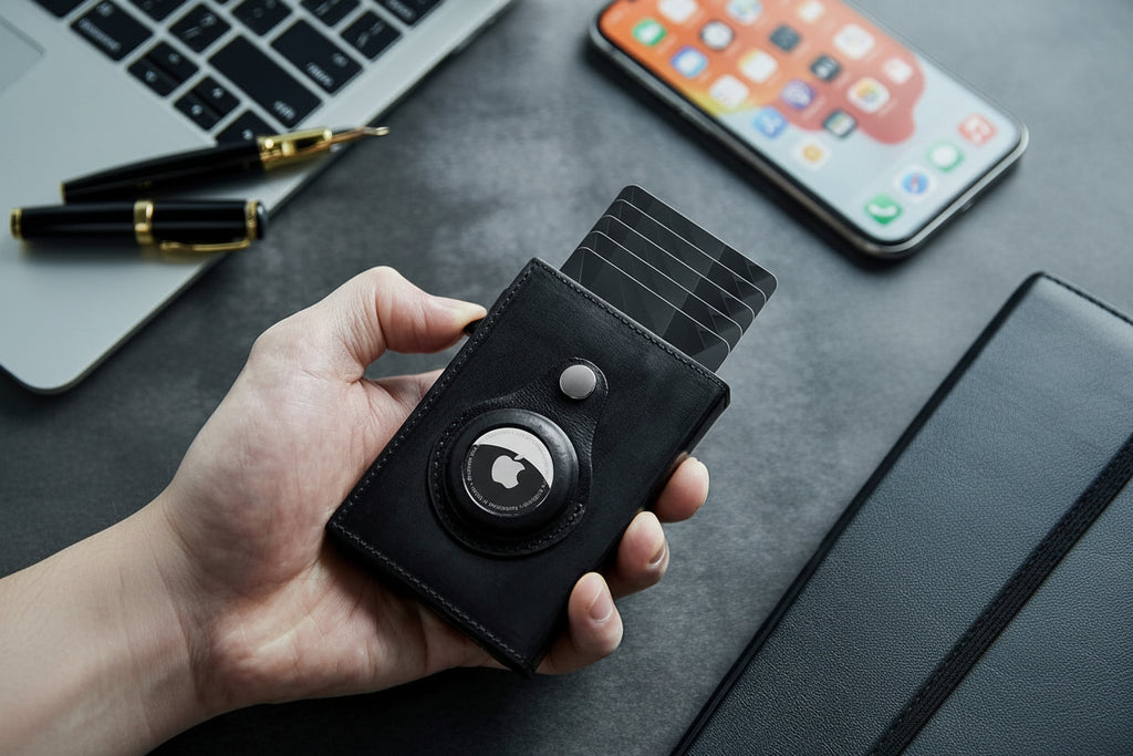 Portefeuille homme slim avec porte-AirTag — Porte-cartes métallique minimaliste anti-RFID