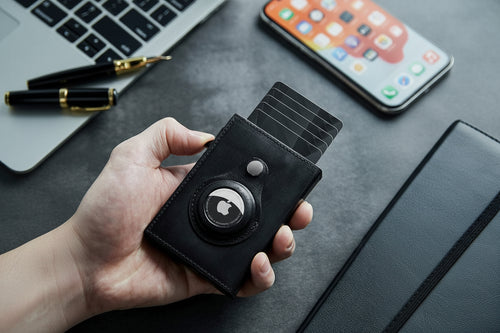 Portefeuille homme slim avec porte-AirTag — Porte-cartes métallique minimaliste anti-RFID